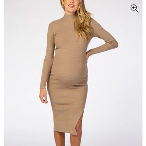 Elegant Tan Ribbed Knit Maternity Dress
